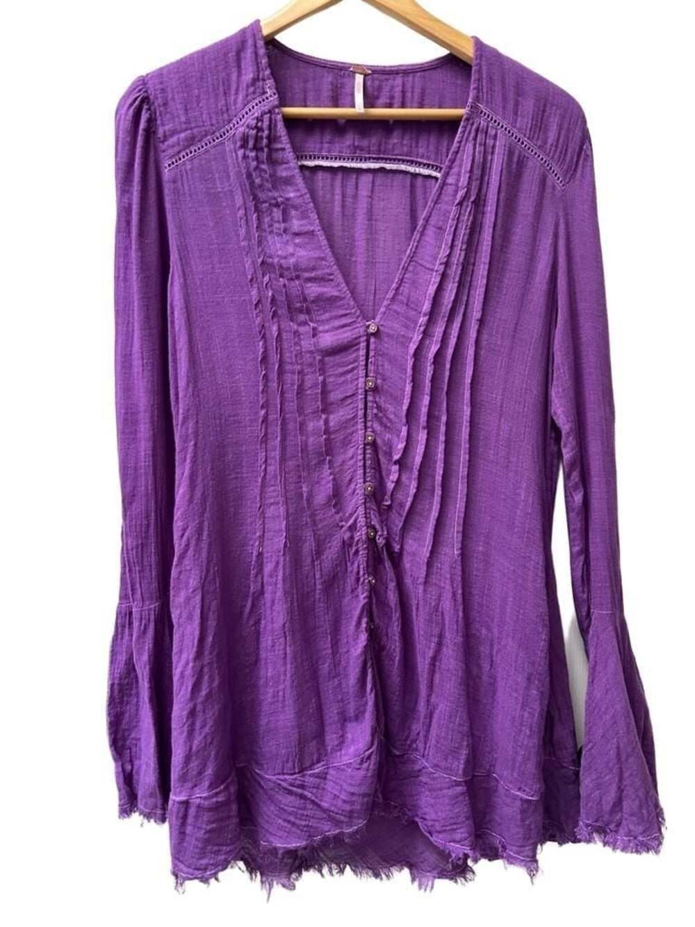 Boho Hippie Free People Bell Sleeve Purple Gauze Button-Front Long Slv Top M